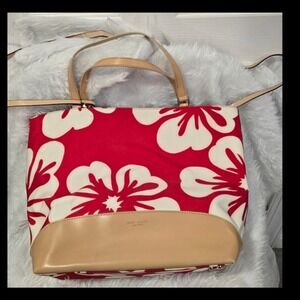 Kate Spade New York Tote Bag Red White Floral Print Tan Leather Trim Bag